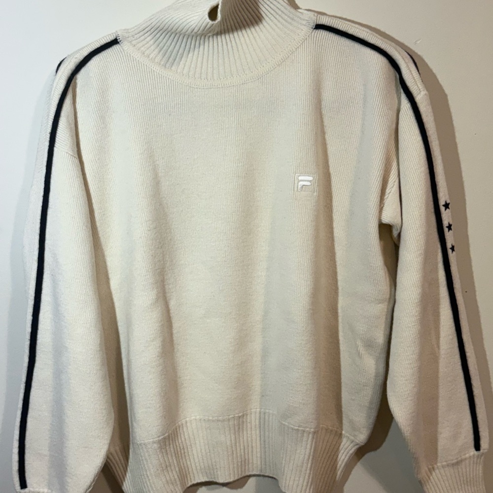 Fila Women’s Medium turtleneck sweater Ivory black stripe stars on the sleeve